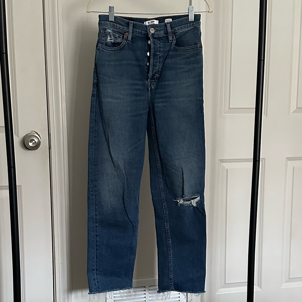 Re/Done Distressed Blue Straight Leg Jeans